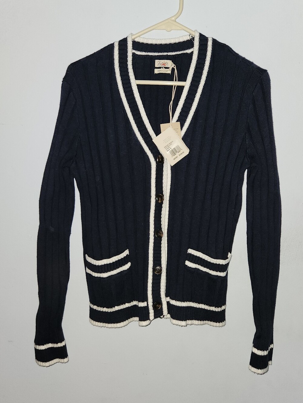 NWT Faherty Varsity Game Set Cardigan S Navy Blue White